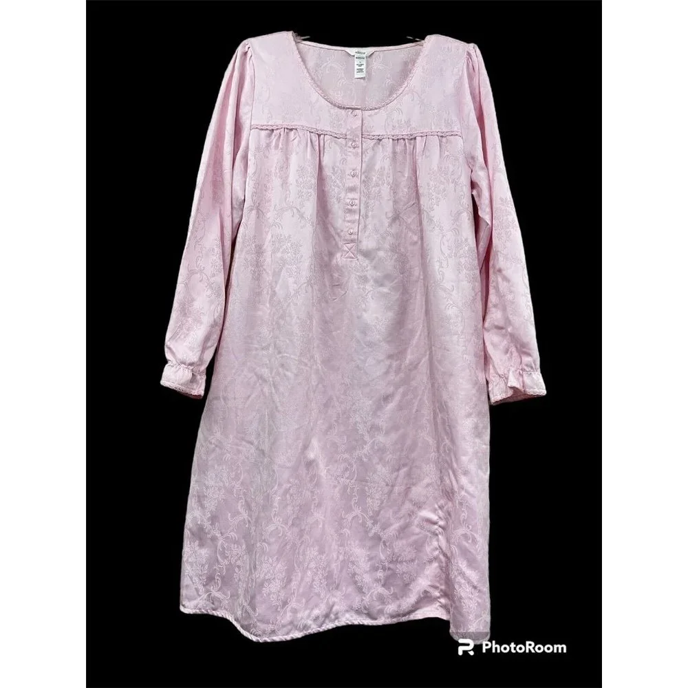 Adonna Nightgown Large Pink‎ Long Sleeves Half Button Front Damask Midi Prairie